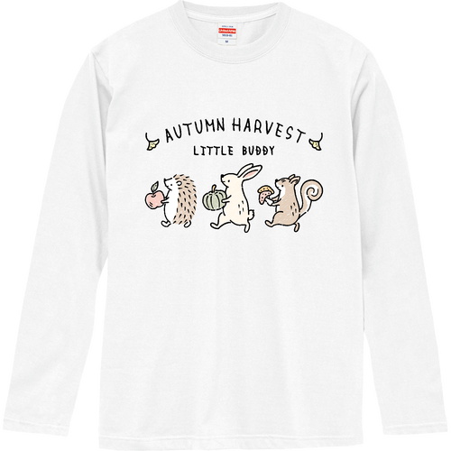 秋の収穫（ハリネズミ・ウサギ・リス） ロングスリーブTシャツ