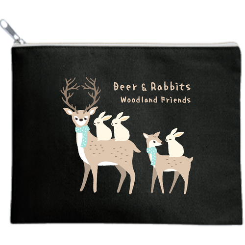 森の仲間たち（鹿さん＆ウサギさん） キャンバスフラットポーチ（M）【白プリント有】