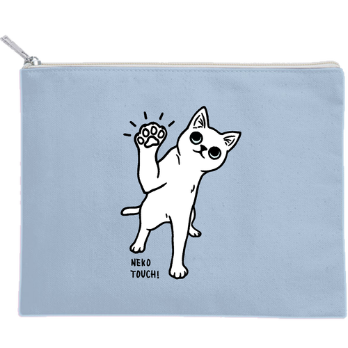 ねこタッチ 白猫 キャンバスフラットポーチ（M）【白プリント有】