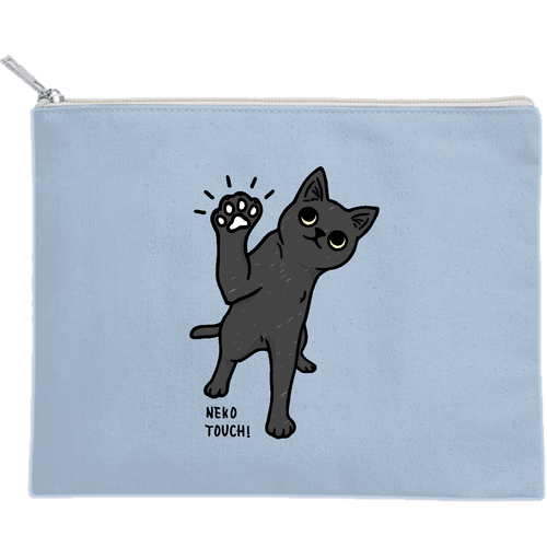 ねこタッチ 黒猫 キャンバスフラットポーチ（M）【白プリント有】