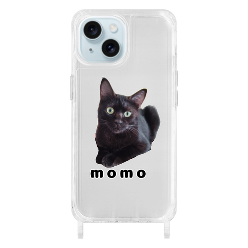黒ねこももちゃん iPhone15用リング型ストラップホール付クリアケース