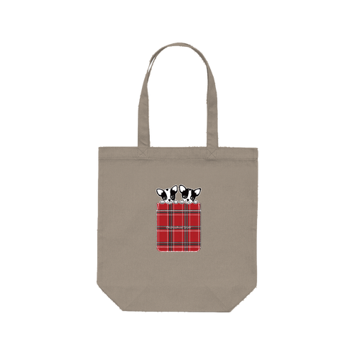 牛柄チワワポケットチェック柄（B） レギュラーキャンバストートバッグ(M) (フルカラー転写プリント)