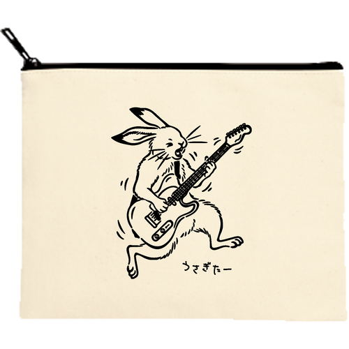 ロックなウサギターくん キャンバスフラットポーチ（M）【白プリント有】