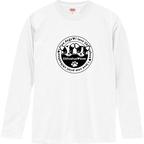 牛柄チワワ〇（白） ロングスリーブTシャツ