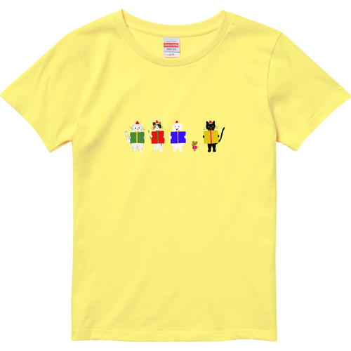 ねこ、ねずみ、雪だるまのクリスマスプレゼント ハイクオリティーTシャツ（ガールズ）