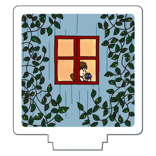 雨の日の読書｜お家でほのぼの アクリルフィギュア正方形(50×50mm)