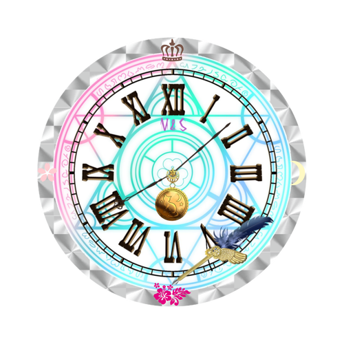 M&S 猫のデザインの飾りと時計 ホログラムオリジナル缶バッジ(白地無し）（44mm）