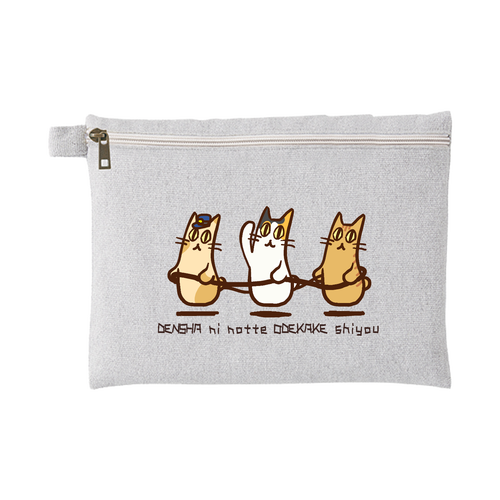 首のない猫(電車ごっこ)｜おでかけ鞄の整理に。ちょっとゆったりめの(L)サイズ シャンブリックキャンバスフラットポーチ（L）