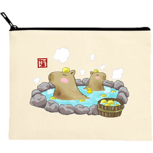 カピバラ温泉 キャンバスフラットポーチ（M）【白プリント有】