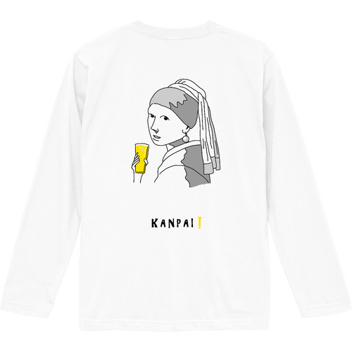 真珠の耳飾りの少女×BEER 黒線画 バックプリント ロングスリーブTシャツ