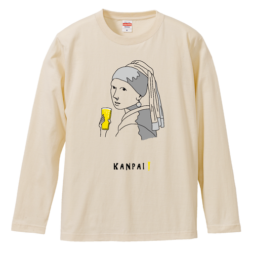 真珠の耳飾りの少女×BEER 黒線画 ロングスリーブTシャツ