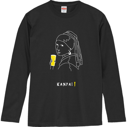 真珠の耳飾りの少女×BEER 白線画 ロングスリーブTシャツ