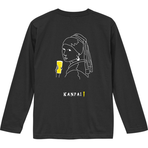 真珠の耳飾りの少女×BEER 白線画 バックプリント ロングスリーブTシャツ