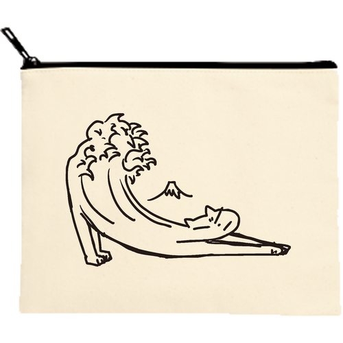 神奈川沖にゃみ裏 キャンバスフラットポーチ（M）【白プリント有】