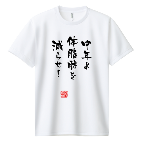中年よ体脂肪を減らせ！『筆文字ver.』(文字ブラック) ドライＴシャツ