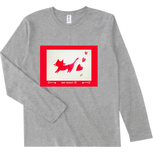 ルージュねこ　長袖　赤枠 スリムフィット ロングスリーブTシャツ