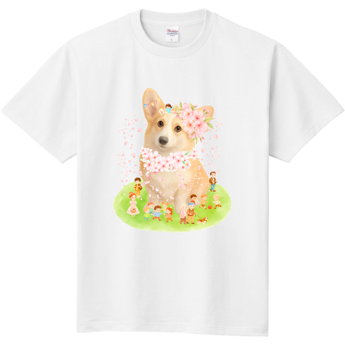桜コーギーとお花見｜A cute corgi wearing cherry blossoms 定番Ｔシャツ