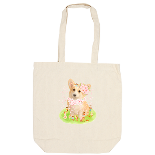 桜コーギーとお花見｜A cute corgi wearing cherry blossoms キャンバスデイリートート（M）【白プリント有】