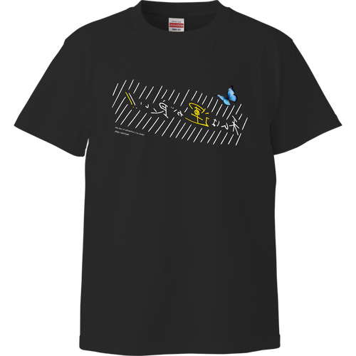 引き寄せる言霊上質Tシャツ「私は運が良い!!」幸運の青蝶添え（鏡面反転・白黄）ver ハイクオリティーTシャツ