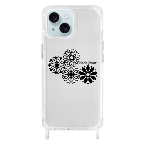 ブラックフラワー iPhone15用リング型ストラップホール付クリアケース