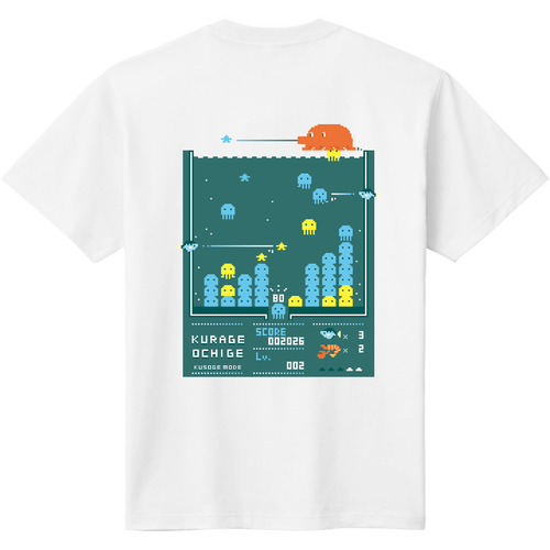 バックプリント　レトロゲーム風ドット絵のクラゲ―落ちゲー 定番Ｔシャツ