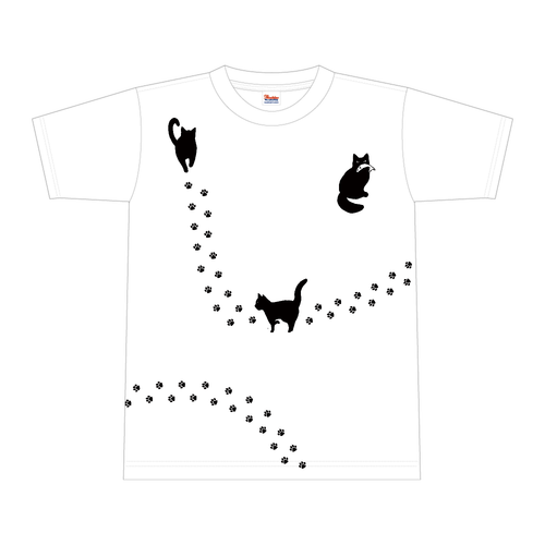 【両面印刷】Tシャツ中を駆け回る猫と足跡のTシャツ 全面インクジェットTシャツ(M)