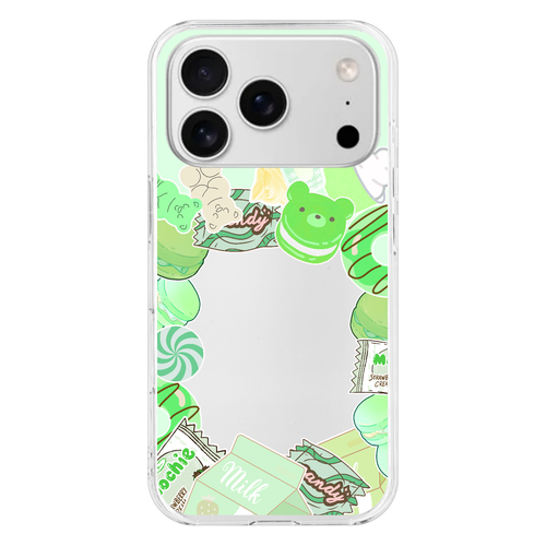 【トレカが挟める】大人可愛い シール風お菓子モチーフケース／メンカラ対応・全9色 iPhone17 Pro (透明)(ハードケース)