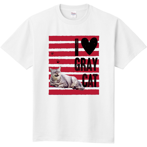 I♥グレー猫さん（赤ライン） 定番Ｔシャツ