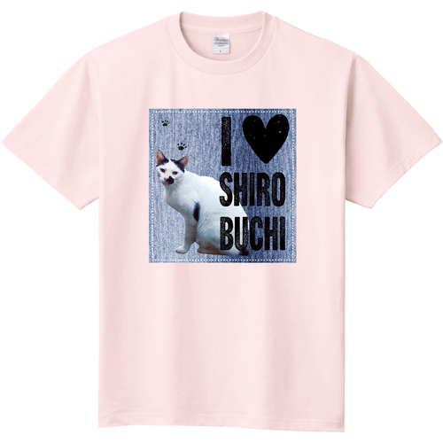 I♥白ブチ猫さん（デニム柄） 定番Ｔシャツ