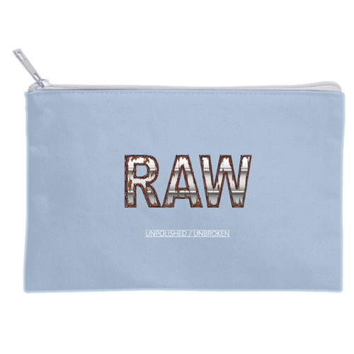 RAW — UNPOLISHED. UNBROKEN. キャンバスポーチ(S)【白プリント有】
