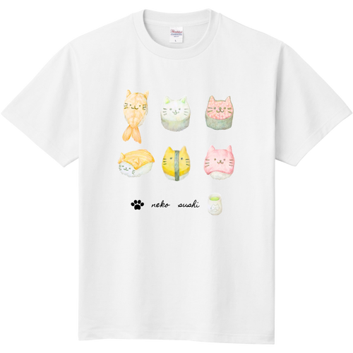 ねこずし 猫×お寿司｜色鉛筆 手描き風 ゆるかわ 定番Ｔシャツ